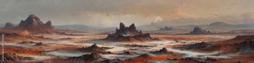 Naklejka premium Raw wastelands on a barren planet are depicted with thick, textured oil layers, showcasing diverse atmospheric conditions from scorching heat to freezing cold, Generative AI