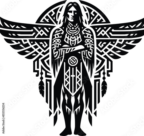 native america apache in silhouete with celtic knot pattern illustration