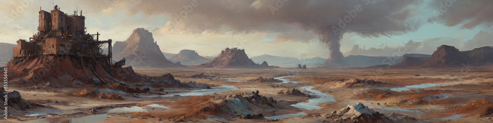 Obraz premium Surreal landscapes of barren wastelands are rendered with thick oil applications, capturing the raw beauty amidst unforgiving atmospheric challenges, Generative AI