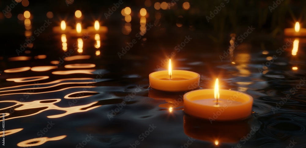 Relaxing and atmospheric scene with floating candles on water, creating a tranquil and romantic mood Relaxing and atmospheric scene with floating candles on water, creating a tranquil and romantic mood