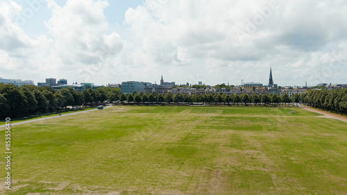 The Hague, Netherlands. Malieveld is a large grass field in the center of The Hague with an area of over ten hectares. Summer day, Aerial View photo