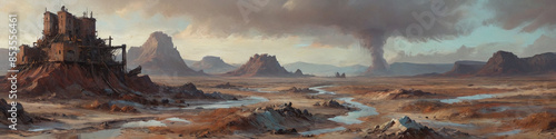 Surreal landscapes of barren wastelands are rendered with thick oil applications, capturing the raw beauty amidst unforgiving atmospheric challenges, Generative AI