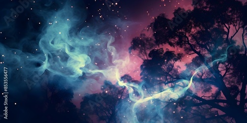 Silhouette of tree with smoke rising against galaxy stars and clouds. Concept Silhouette Photography, Celestial Sky, Tree Smoke, Galaxy Stars, Clouds #853556477