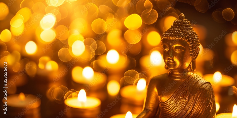Golden Buddha statue with blurred face amidst a backdrop of twinkling lights creating a warm, festive atmosphere Golden Buddha statue with blurred face amidst a backdrop of twinkling lights creating a warm, festive atmosphere