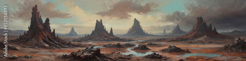 The desolation of a ravaged planet is captured in surreal, thickly painted oil canvases, showcasing raw wastelands under changing atmospheric conditions, Generative AI