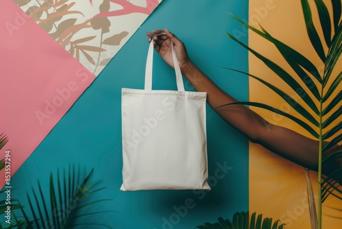 hand of dark woman holds white blank reusable cotton bag on abstract colorful background. mock up, layout concept. tot bag for your design.