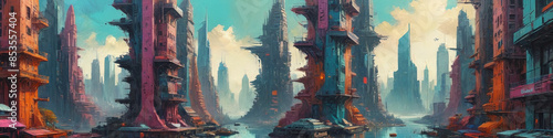 Futuristic cityscapes on a vibrant planet emerge with thick oil layers, blending sci-fi architecture in kaleidoscopic hues, Generative AI photo