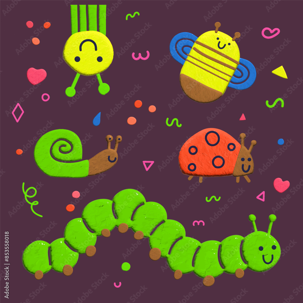 Fototapeta premium Plasticine 3d background seamless pattern insects. Vector kids package