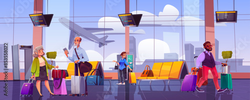 People with suitcases in airport waiting room with airplane over large window, seats and screen with information, metal detector. Cartoon vector man and woman passenger with baggage in airline hall.