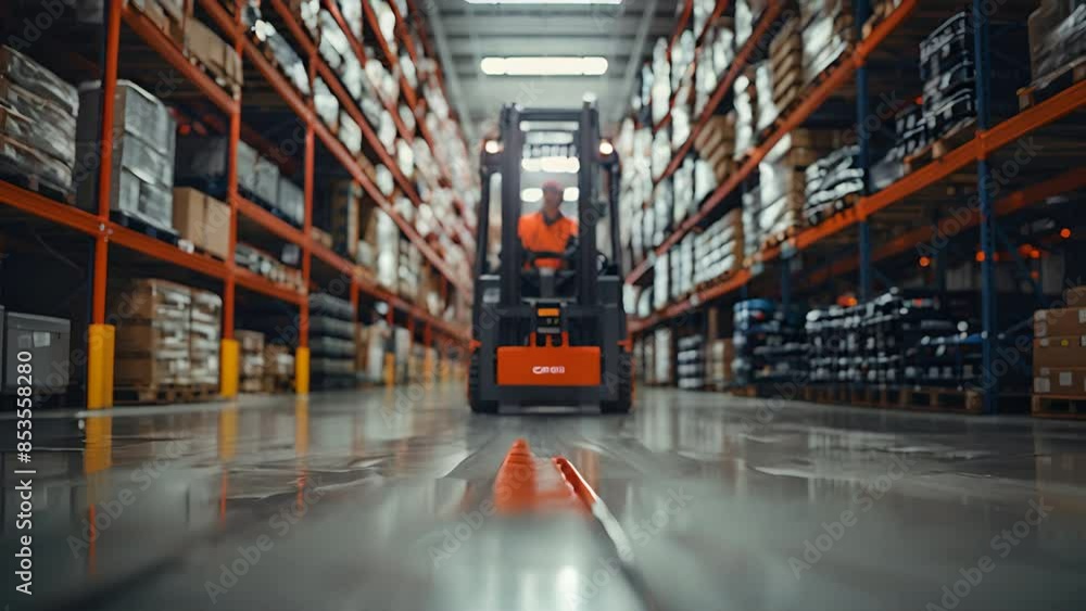 A friendly forklift operator in a well-lit, busy warehouse, emphasizing safety and A friendly forklift operator in a well-lit, busy warehouse, emphasizing safety and