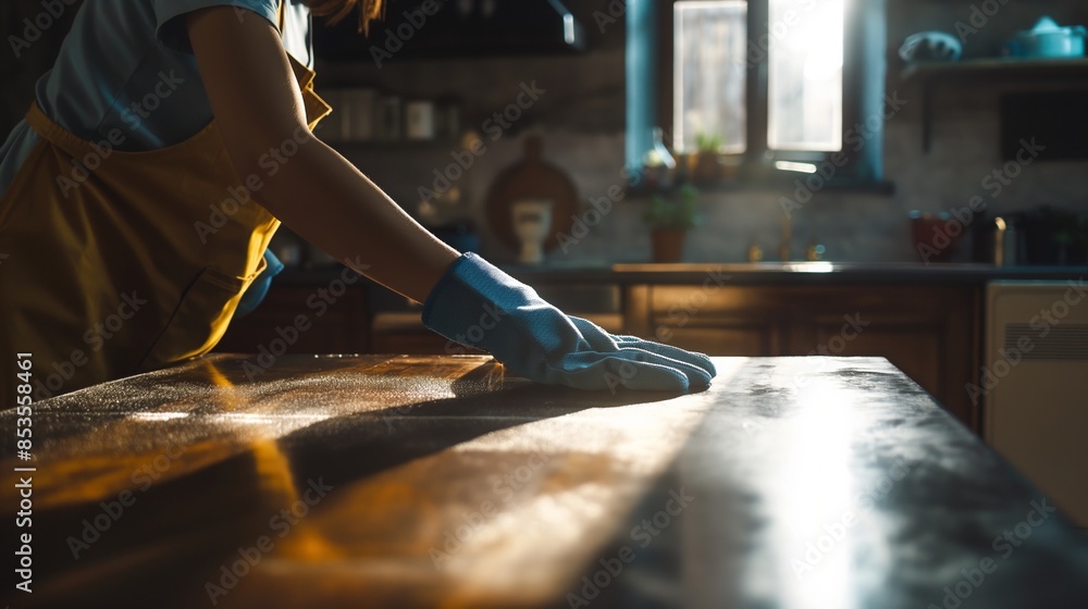 Obraz premium Woman with gloves cleaning the table