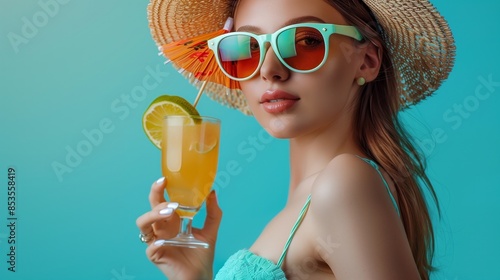 Woman in hat drinking cocktail summer