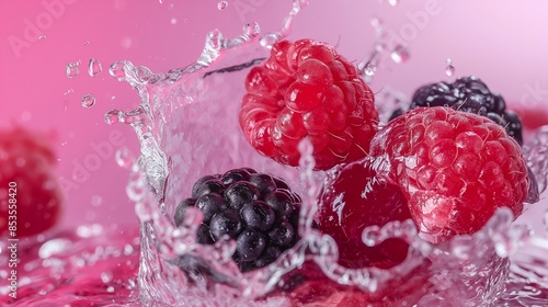 Raspberry fruits in splash water