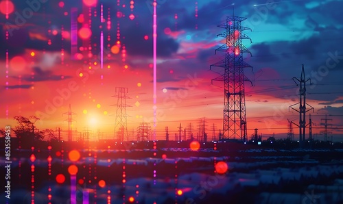 A vibrant scene of a telecommunication tower during a colorful sunset, with digital projections of signal waves and data flow