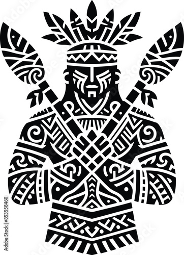  native america apache silhouete with Polynesian ethnic pattern illustration