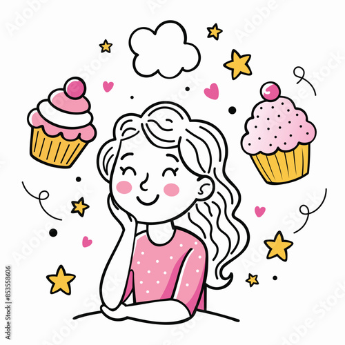 Girl dreaming about cupcakes line drawing illustration
