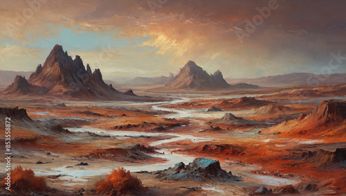 Raw wastelands on a barren planet are depicted with thick, textured oil layers, showcasing diverse atmospheric conditions from scorching heat to freezing cold, Generative AI