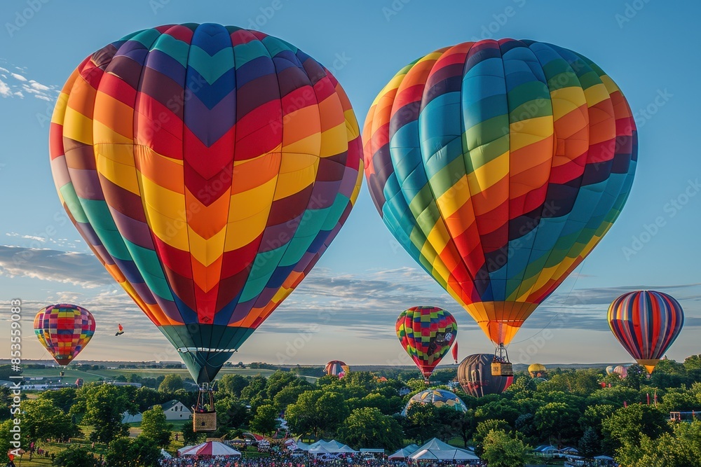 Fototapeta premium A colorful hot air balloon festival with dozens of balloons in the sky, a large crowd, and a festive atmosphere.