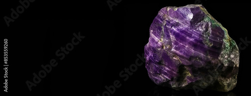 Stichtite is rare precious natural stone on black background. AI generated. Header banner mockup with space. photo