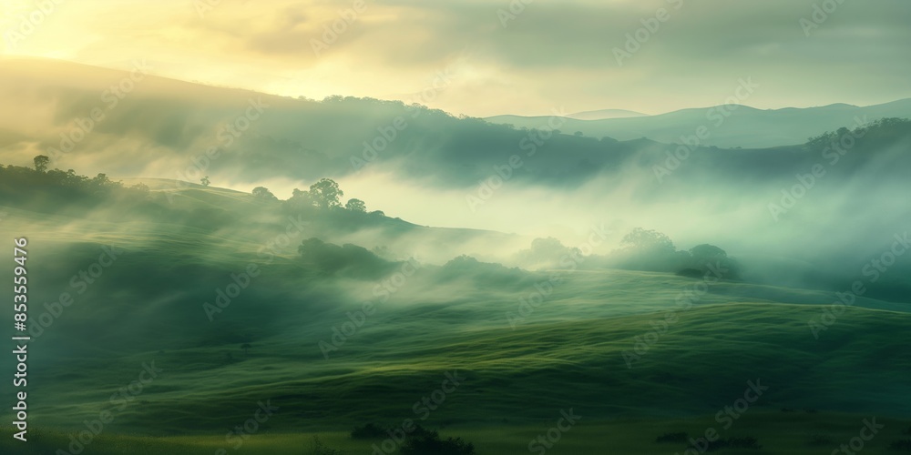 Fototapeta premium Serene landscape of rolling hills with mist and soft sunlight filtering through at dawn