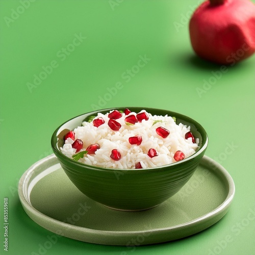 Healthy pomegranate rice on green background photo