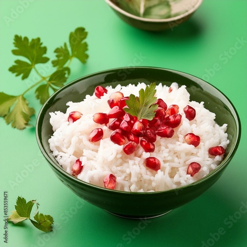 Healthy pomegranate rice on green background photo