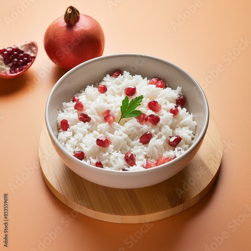 Healthy pomegranate rice on orange background photo