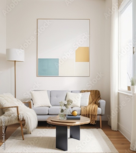 The photo depicts a modern and minimalistic living room interior. 
