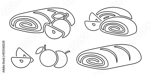 Strudel or apple roll line icon, black outline isolated on white. Whole uncut roll cake and sliced pieces. Vector clipart, minimalist design sign or logo of bakery, traditional dessert.
