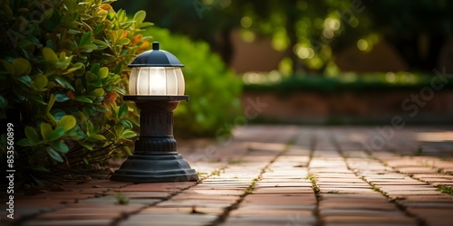 Illuminate Your Pathway with a Backyard Solar Lamp on a Garden Wall Leading to Your House Entrance. Concept Pathway Lighting, Solar Lamps, Garden Walls, Backyard Decor, House Entrance photo