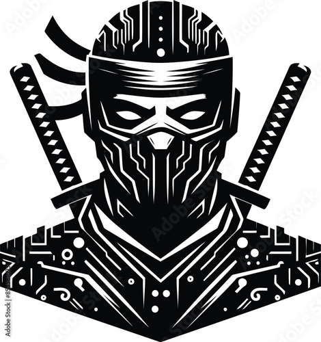 ninja silhouete with cyberpunk pattern illustration