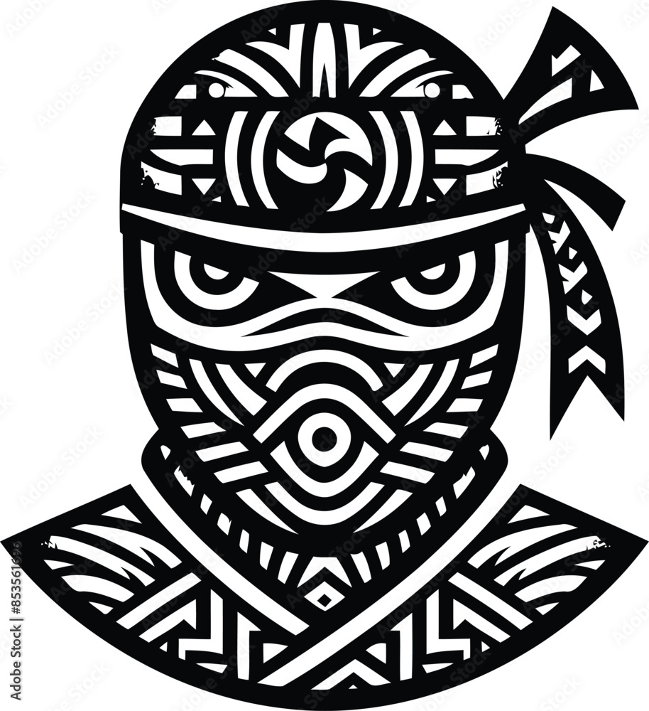 ninja silhouete with Polynesian ethnic pattern illustration ninja silhouete with Polynesian ethnic pattern illustration