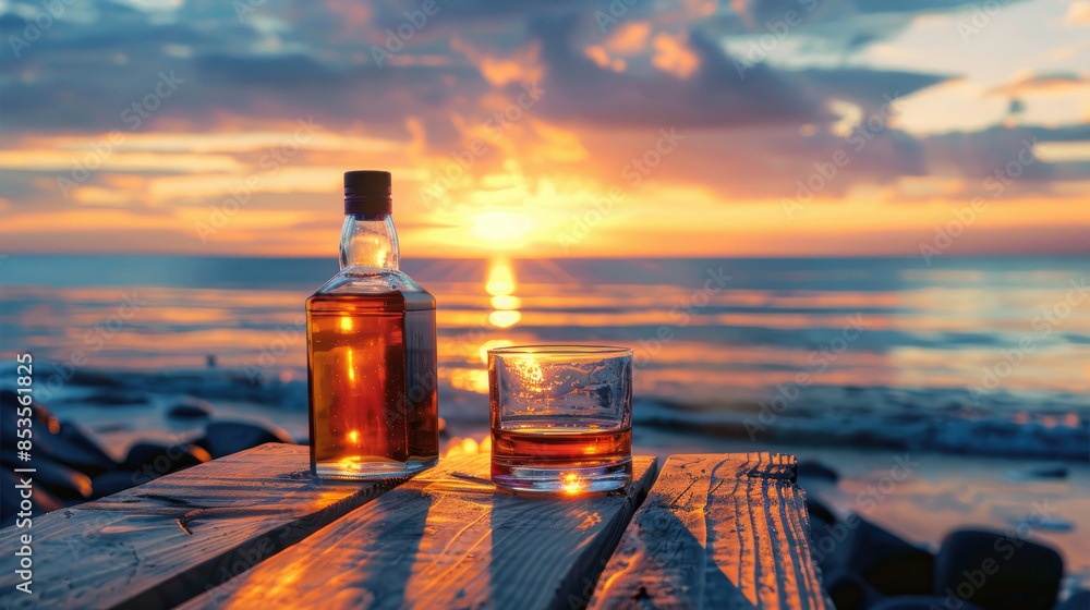 Whisky Bottle and Glass on Wooden Table for Relaxation with Beach background Whisky Bottle and Glass on Wooden Table for Relaxation with Beach background