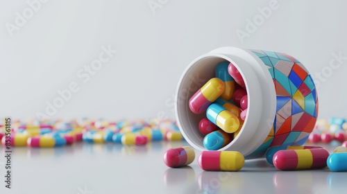 Minimalist 3D rendering of a pill bottle with abstract geometric patterns, placed on a clean white background with ample space for text