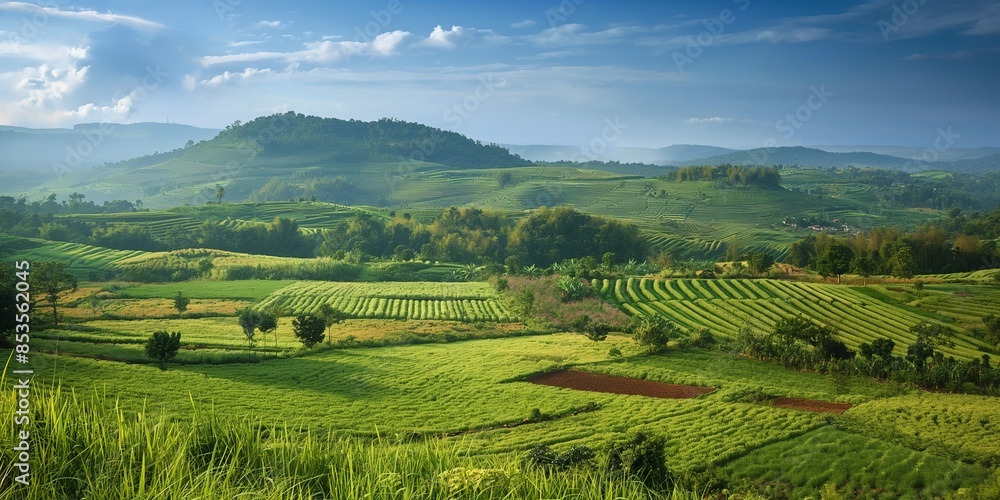 Fototapeta premium Lush green farm terraces spread across rolling hills with a blue sky above