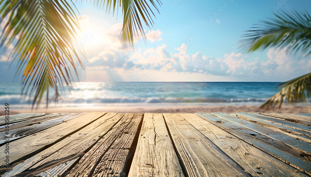 Empty Wooden Platform on Sunny Tropical Beach. Summer Product Showcase Background for Branding and Marketing Empty Wooden Platform on Sunny Tropical Beach. Summer Product Showcase Background for Branding and Marketing