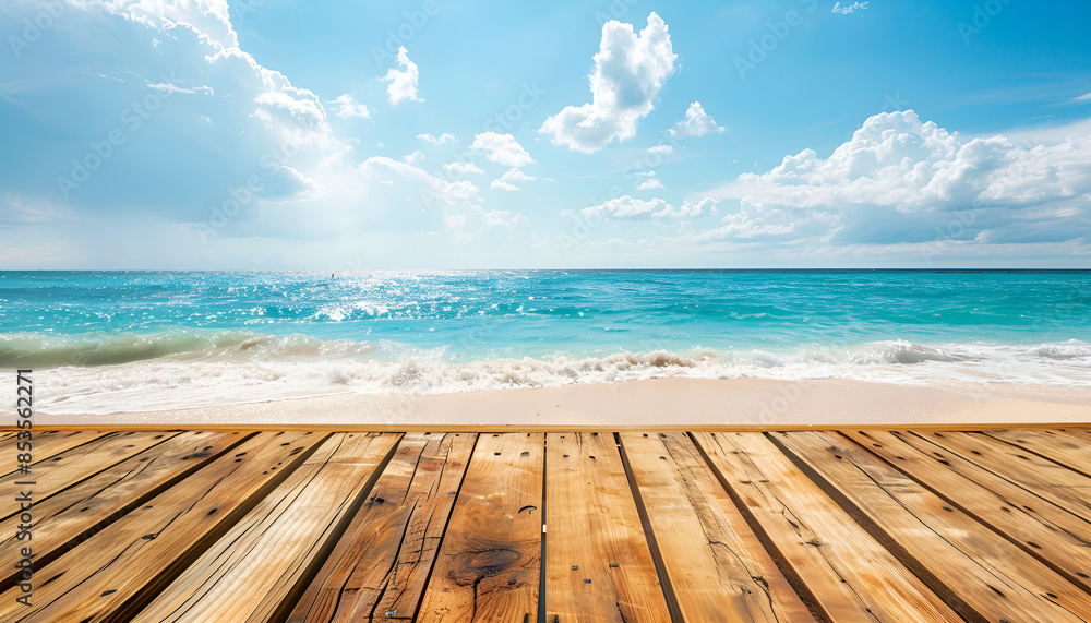 Fototapeta premium Empty Wooden Platform on Sunny Tropical Beach. Summer Product Showcase Background for Branding and Marketing