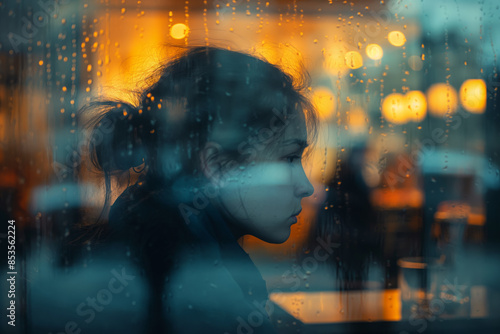 Person in einem Café in der Stadt, Spiegelungen durch ein Fenster photo