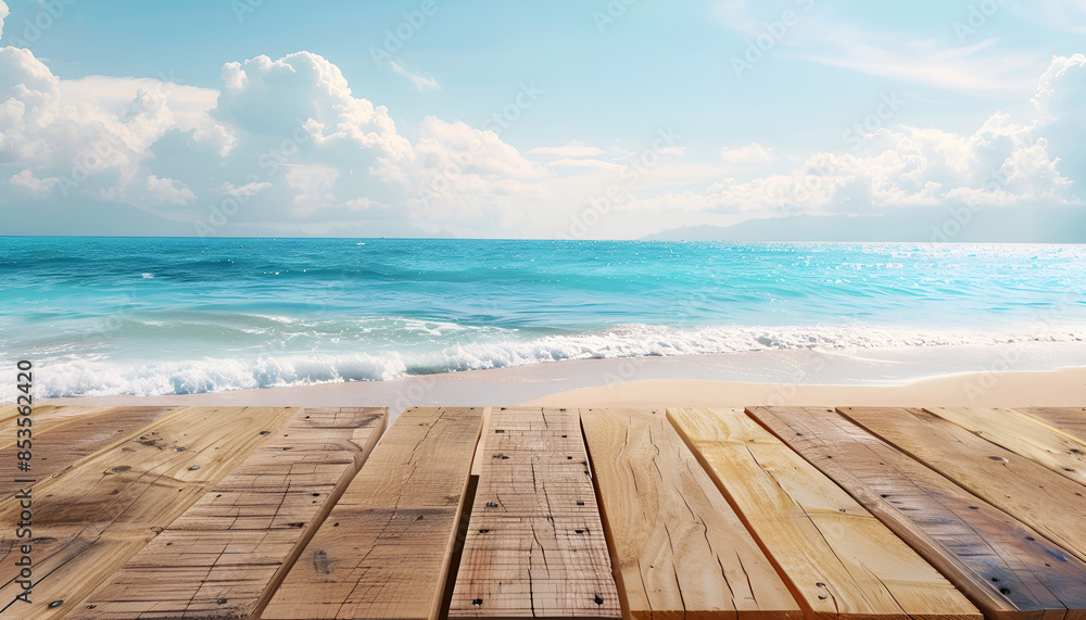 Fototapeta premium Empty Wooden Platform on Sunny Tropical Beach. Summer Product Showcase Background for Branding and Marketing