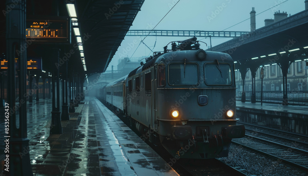 Fototapeta premium A train is sitting on the tracks at a train station by AI generated image