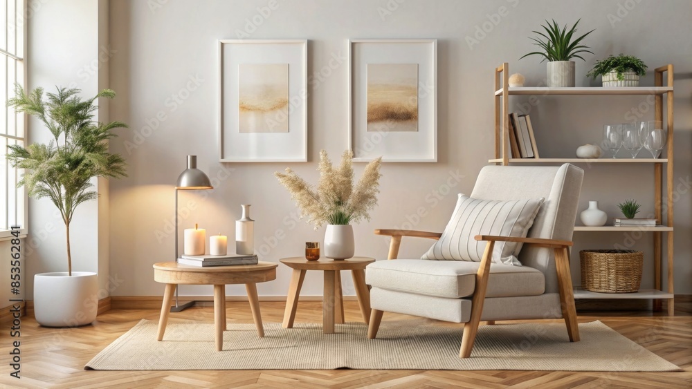 Fototapeta premium The photo depicts a modern and minimalistic living room interior. 