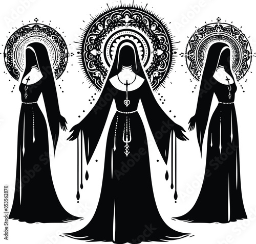 nun in silhouete with bohemian nature pattern illustration