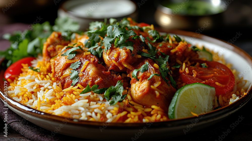 Chicken Biryani With Steamed Basmati Rice On Blurry Background Chicken Biryani With Steamed Basmati Rice On Blurry Background