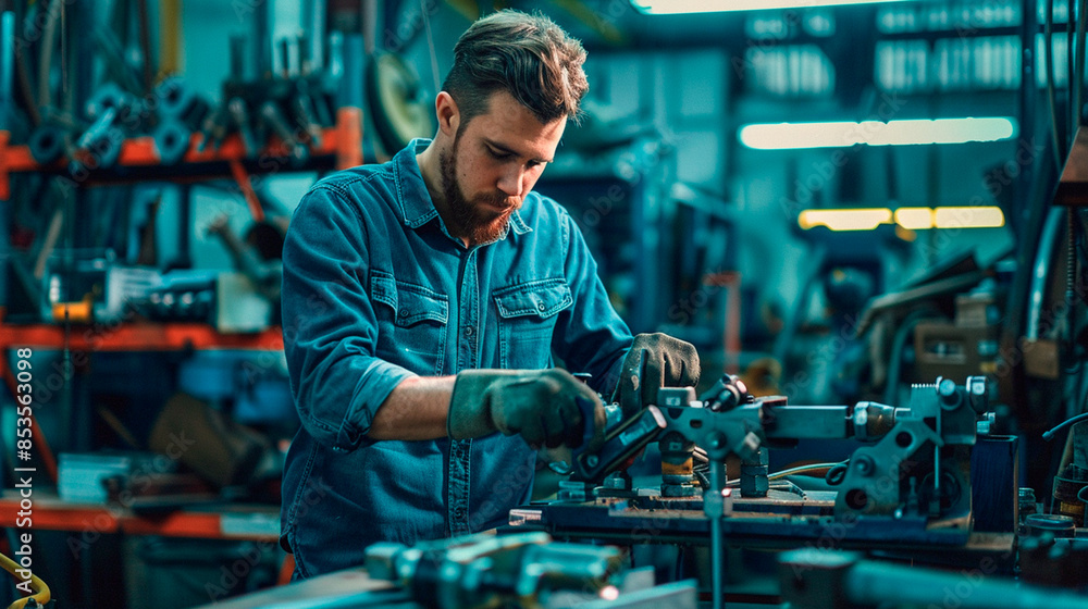 Young Mechanic Adjusting Machinery in Workshop Young Mechanic Adjusting Machinery in Workshop