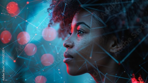 Black woman cyber security expert. With AI code illusminated overlay around her. Working in a data center. Female Computer Engineer. Generate AI. © Aleks Mainer