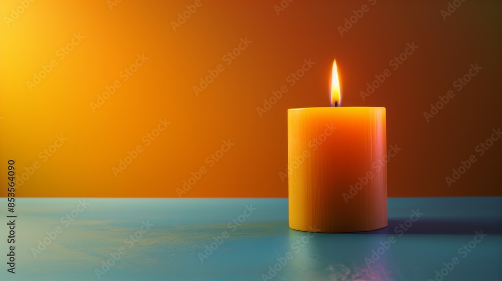 A single, lit Shabbat candle on a blue tabletop A single, lit Shabbat candle on a blue tabletop