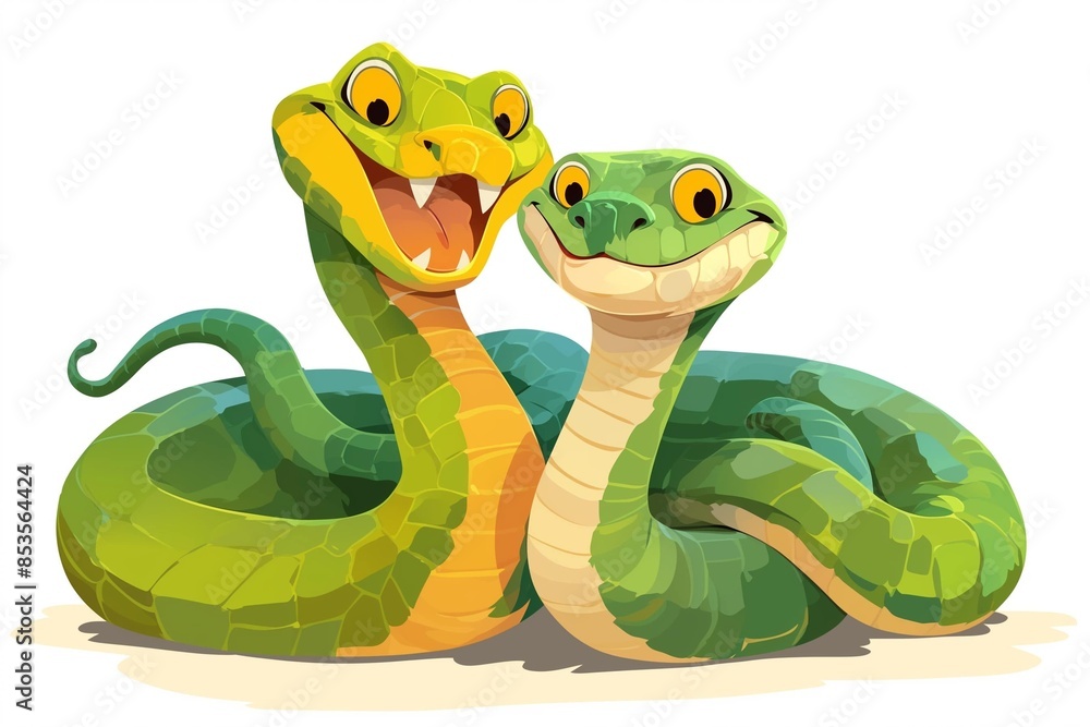 Fototapeta premium Cartoon green snake isolated on background. New Year 2025. Cute, funny snake. Symbol of the year eastern calendar