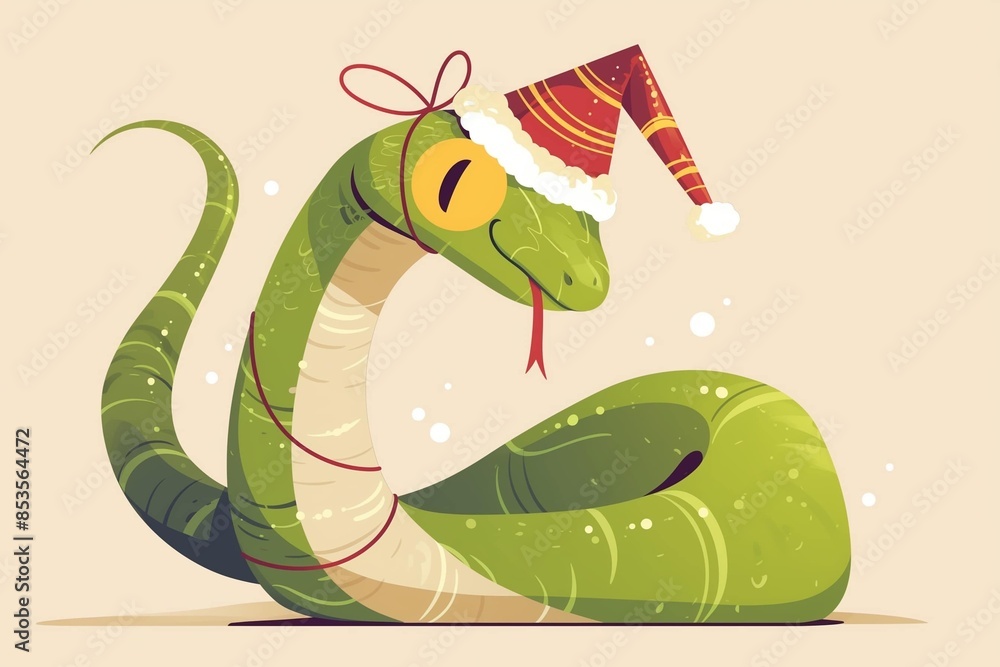 Naklejka premium Cartoon Green snake in a New Year's cap. New Year 2025. Cute, funny snake. Symbol of the year eastern calendar
