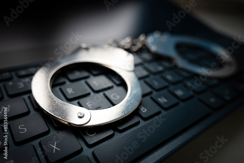 Fotografía metal handcuffs on a black keyboard