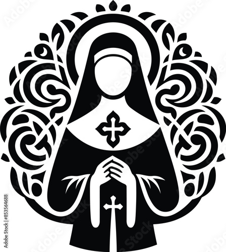 nun in silhouete with celtic knot pattern illustration